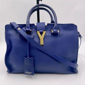Auth Saint Laurent Small Classic Ligne Y Blue Leather Paris Chyc Cabas Tote 2way